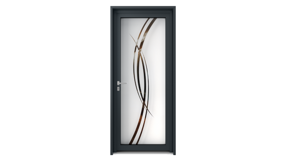 Porte d'entrée vitrée gamme Lumière OMEGA 1 Porte d'entrée entièrement vitrée avec décor abstrait